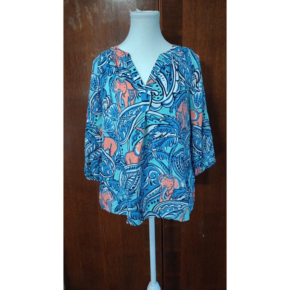 Women's Crown & Ivy Blue Blouse Paisley Elephant Boho V Neck Whimsical